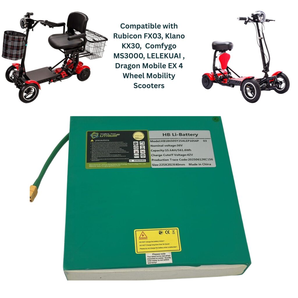 36 Volt 15.6 AH Battery – Compatible with Rubicon FX03, Klano KX30, Comfygo MS3000, LELEKUAI, Dragon Mobile EX 4 Wheel Mobility Scooters Models
